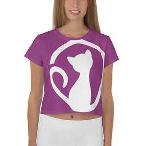 Purple print crop-top t-shirt with fascinator